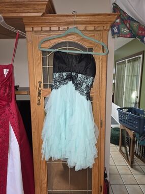 Strapless Black and Mint Lace-Trim Prom Dress